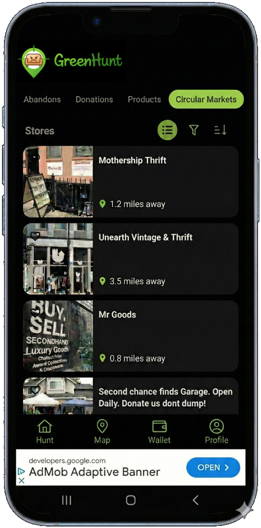 GreenHunt app — nearby stores list