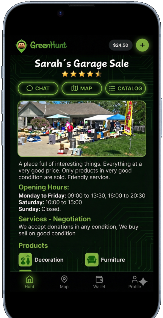 GreenHunt app — store detail screen