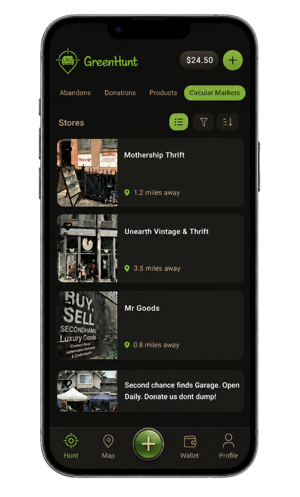 GreenHunt app — Stores list screen