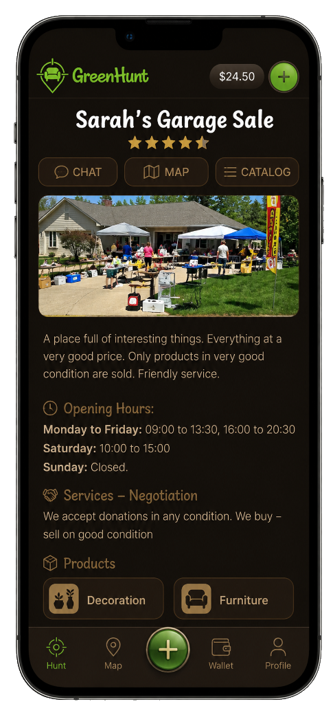 GreenHunt app — Sarah's Garage Sale screen